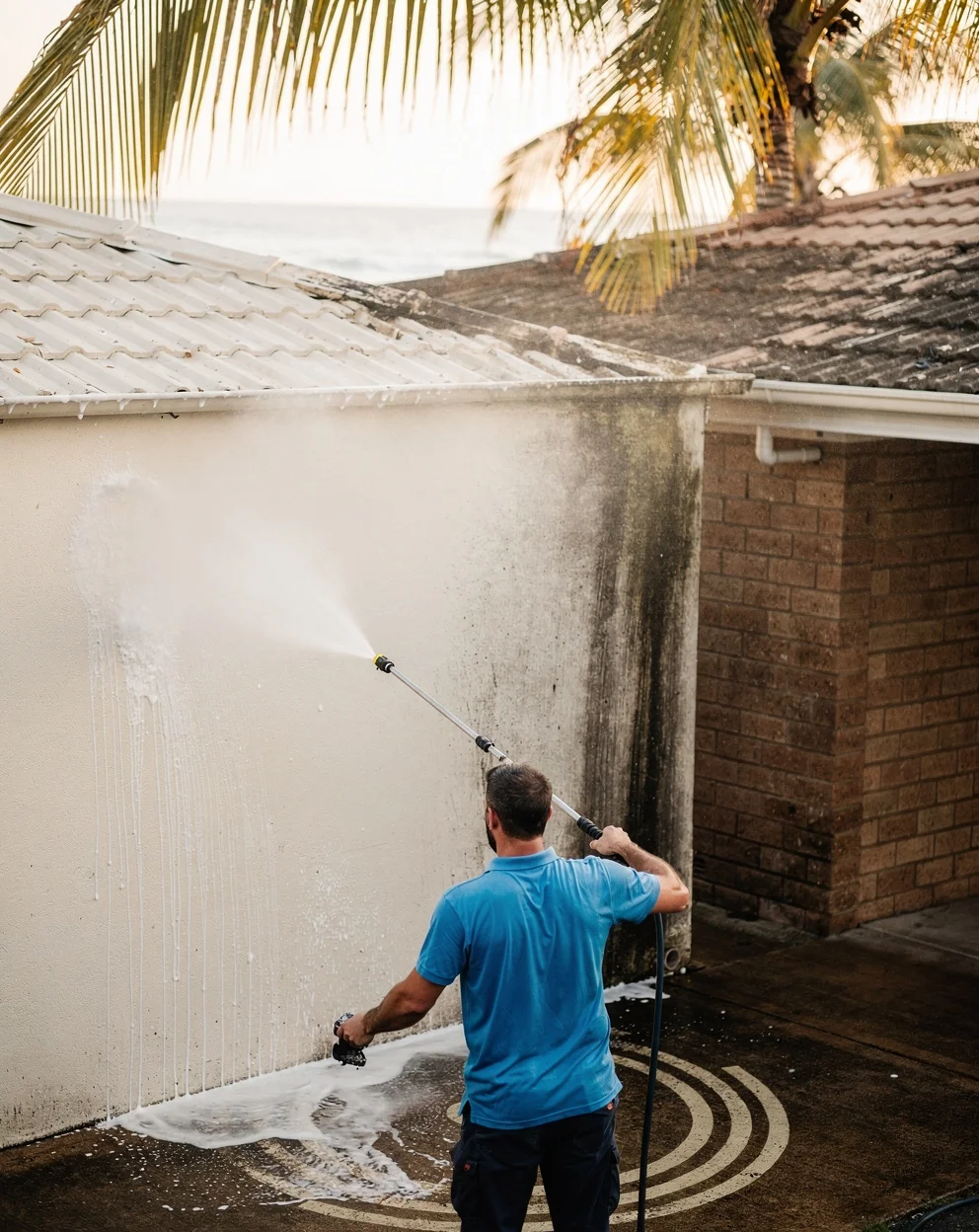 A soft-washed tile roof on a coastal home, back to its original colour
