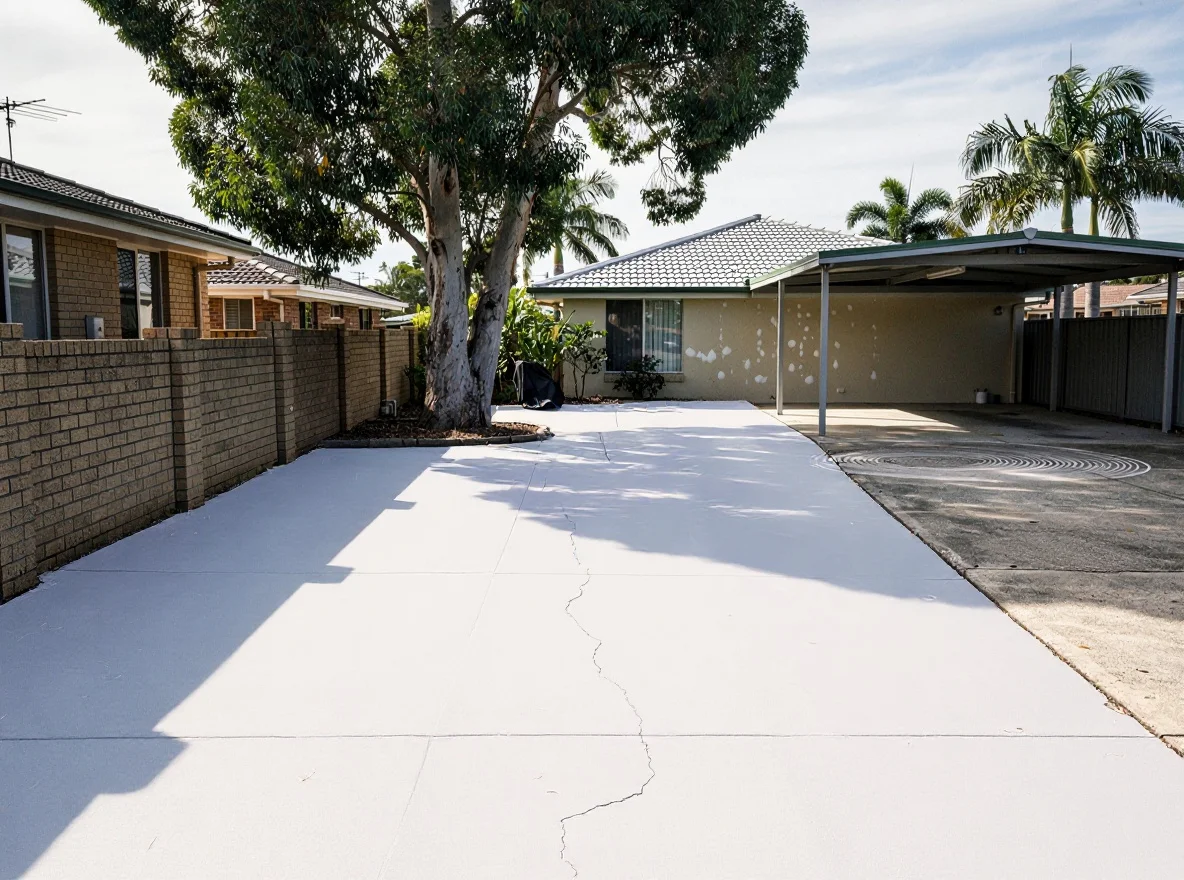 The same Tweed Heads driveway after cleaning, the concrete pale and clean, algae and stains gone under the eucalyptus shade