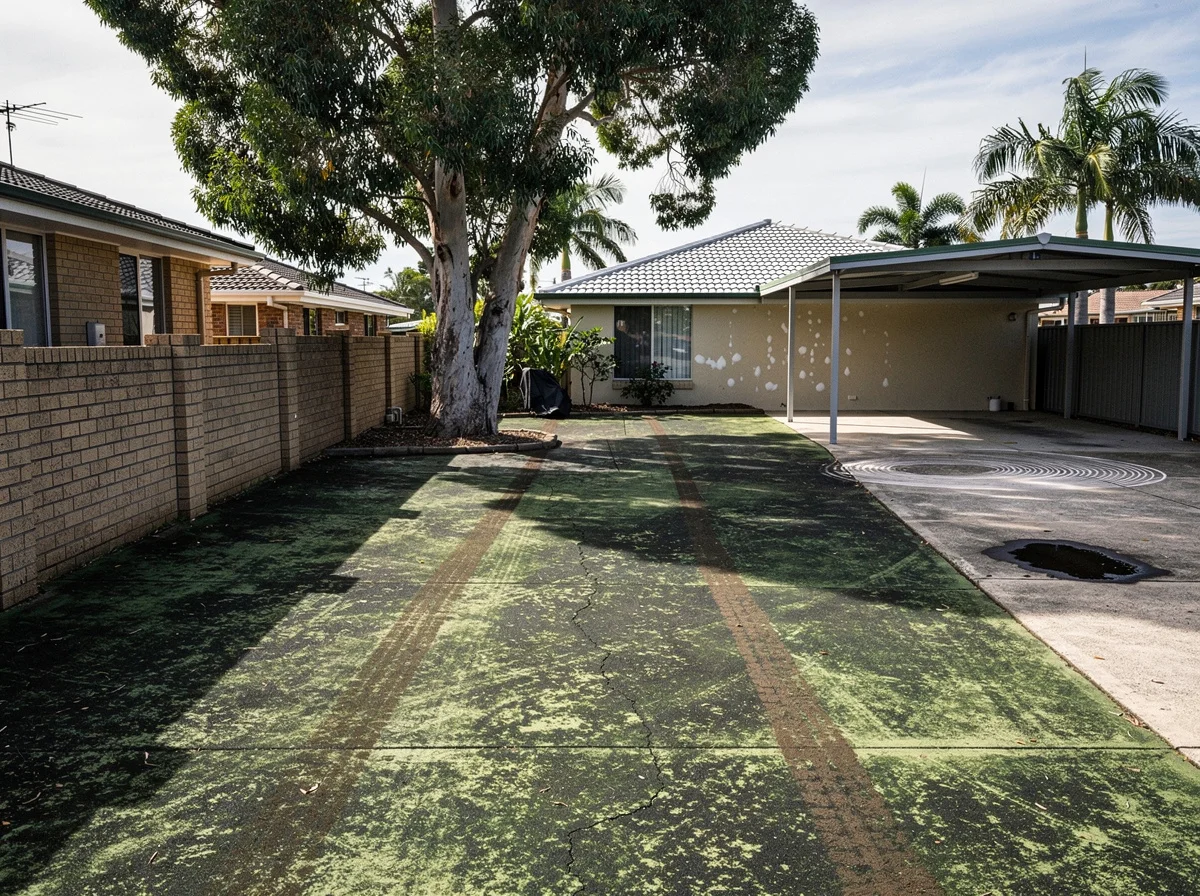A Tweed Heads concrete driveway before cleaning, the slab covered in dark algae, tyre-track stains and an oil patch under the eucalyptus shade