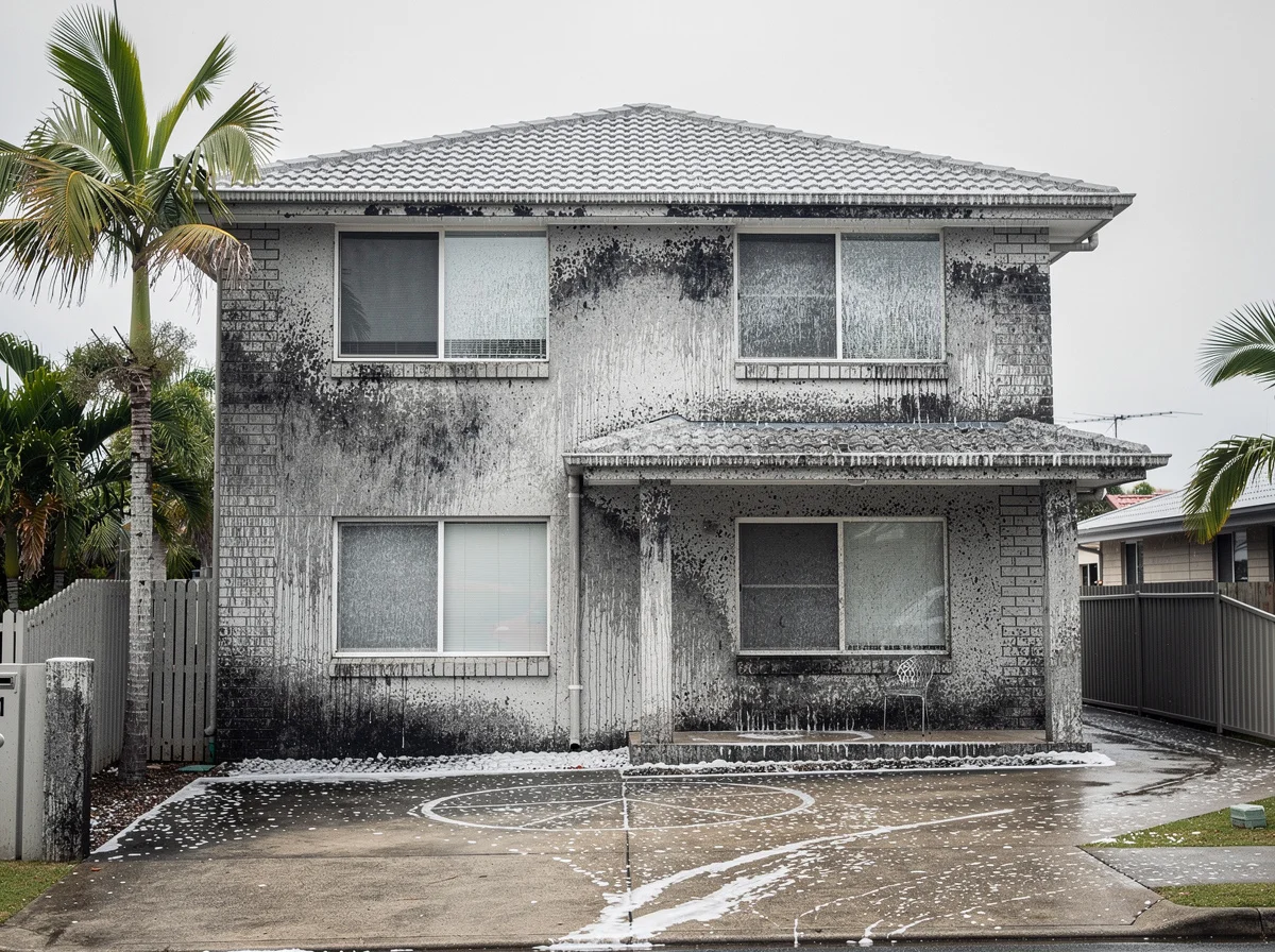 A two-storey rendered Kingscliff home before washing, the facade greyed with dark mould streaks and salt deposits